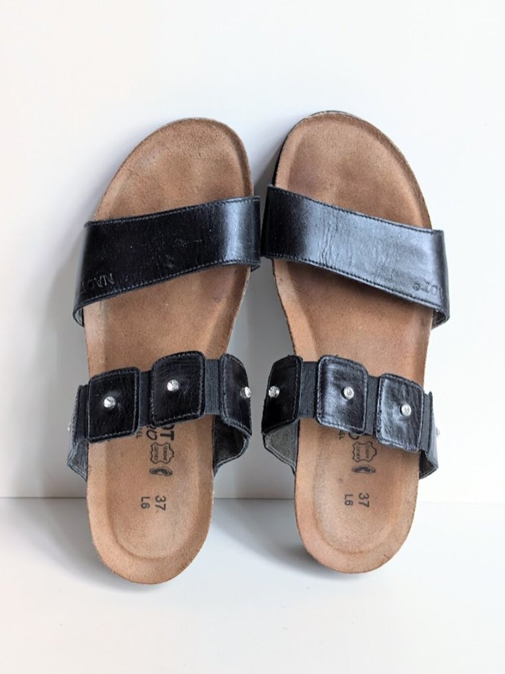Naot Ashley Black Sandals Leather Rhinestone Cork Wedge Slide Sz:37 L6